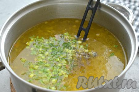 В конце приготовления суп по вкусу перчим, добавляем мелко нарезанный зелёный лук (или другую свежую зелень, например, укроп или петрушку), перемешиваем, даём закипеть и выключаем огонь.