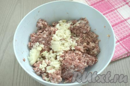 Очищенный лук мелко нарезаем (или пропускаем через мясорубку), выкладываем в миску с фаршем.