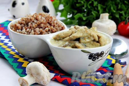 Бефстроганов из курицы с грибами со сливками