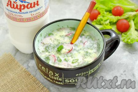Окрошка на айране и минералке