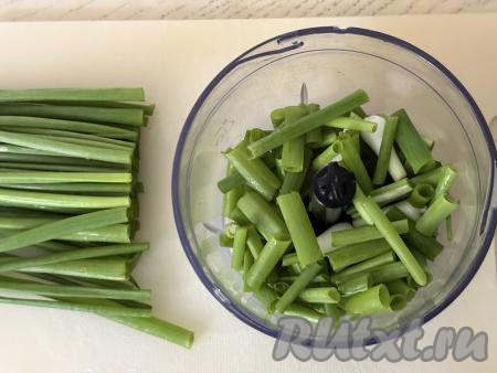 Измельчить лук можно в измельчителе или в мясорубке. Я измельчала в небольшом измельчителе и у меня весь лук сразу не поместился, я выкладывала его по частям. Выложить первую партию нарезанного лука в чашу измельчителя.
