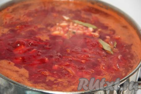 Посолить и поперчить борщ по вкусу, добавить лавровые листья, перец горошком и чеснок. Дать борщу закипеть, а затем снять с огня и дать настояться под крышкой в течение 20-30 минут.