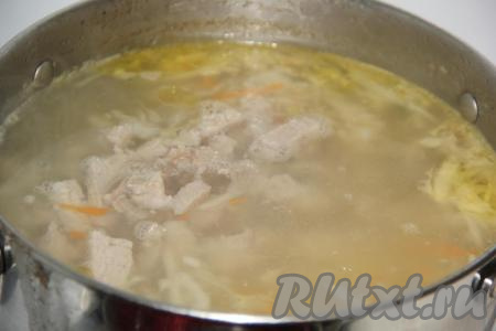 В это же время добавить кусочки мяса, варить на небольшом огне минут 15-20.