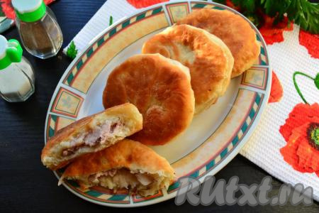 Горячие, сочные внутри и очень вкусные жареные беляши с мясом подать к столу.