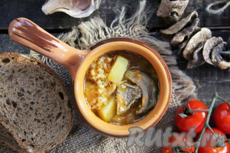 Подать вкусный, сытный, ароматный суп из сушеных грибов с пшеном к столу в горячем виде. Очень солнечный супчик получился.