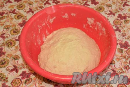 В процессе замеса смазываем руки растительным маслом. Если тесто немного липнет к рукам, то слегка присыпаем его мукой и продолжаем замес. Тесто должно получиться не крутым, оно будет мягким по консистенции. Тесто недолго держит круглую форму, слегка расплываясь по миске.