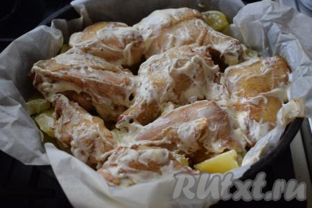 Смазываем курочку майонезом и ставим нашу форму в разогретую духовку.