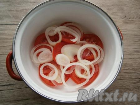 Далее выложить слой нарезанного тонкими кольцами репчатого лука.