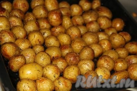 Запекать молодой картофель в разогретой духовке при температуре 200 градусов, примерно, 35 минут. Готовность картошки можно проверить зубочисткой (зубочистка должна легко прокалывать готовую картошку).