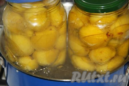 Банки с жёлтыми сливами, прикрыв прокипяченными крышками, поставить в кастрюлю с тёплой водой (дно кастрюли, для того чтобы банки не лопнули во время стерилизации, можно застелить сложенной в 2-3 раза тряпочкой или полотенчиком, а уже затем сверху поставить банки). Вода в кастрюле должна доходить до "плечиков" банок. Кастрюлю с банками поставить на огонь, довести воду до кипения, убавить огонь и стерилизовать компот в течение 15 минут. 