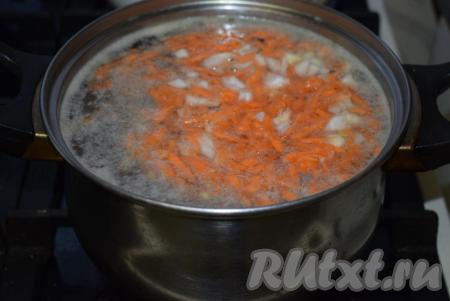 Далее кладем в суп соль и морковь с луком.