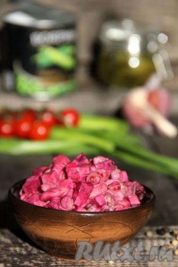 Салат из свеклы, фасоли и соленых огурцов получается ярким, вкусным, сытным. Приготовление такого салатика не займёт много времени (если сварить свеклу заранее), а в результате получится замечательное блюдо, которое можно подать к столу и в будни, и в праздники.