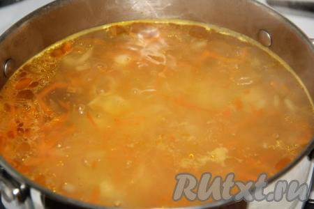 Когда картошка проварится минут 10, выложить в кастрюлю обжаренные овощи и варить минут 5.