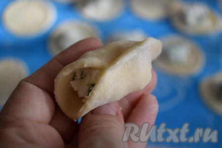 Хорошо защипываем края каждого кружка с начинкой, формируя вареники.