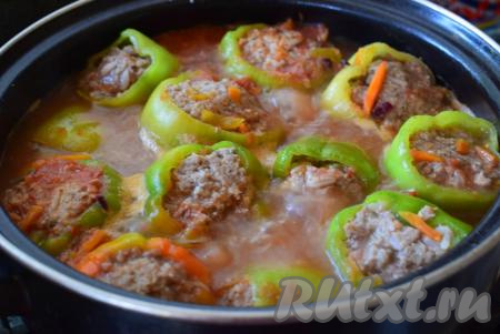 Далее ставим кастрюлю с фаршированными перцами на умеренный огонь, доводим до кипения, солим и перчим по вкусу. Накрываем кастрюлю крышкой и готовим, примерно, 35-40 минут на небольшом огне. По прошествии времени фаршированные перчики будут полностью готовы. Такое аппетитное, сытное, по-настоящему домашнее блюдо придется по вкусу многим!