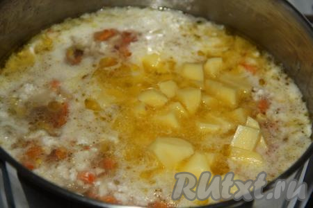 Очищенные клубни картофеля нарезать на средние кубики и выложить в кастрюлю с супом, после закипания уменьшить огонь и варить минут 15.