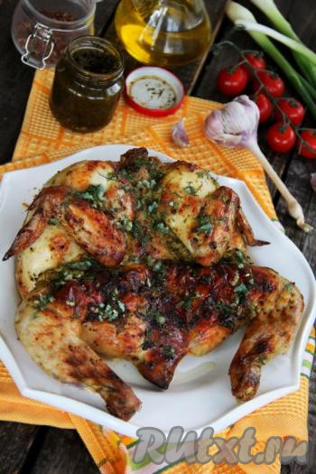Вот такой румяный, сочный, аппетитный и очень вкусный цыплёнок табака, запечённый в духовке, получился у меня. К столу подаём в горячем виде.
