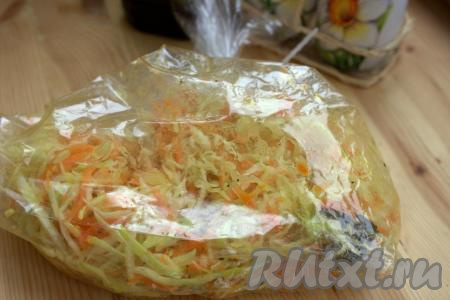 Рукав тщательно завязать с двух сторон, слегка встряхнуть, чтобы масло равномерно распределилось по овощной смеси, а затем поместить на противень и отправить в разогретую духовку. Готовить при температуре 180 градусов 20 минут. По прошествии времени аккуратно перевернуть рукав с капустой на другую сторону (это делается для равномерного приготовления овощей). Тушить капусту в рукаве при температуре 180 градусов ещё 20-25 минут (в общей сложности капуста готовится 40-45 минут). Затем достать рукав из духовки, разрезать (разрезайте рукав аккуратно, чтобы не обжечься паром), переложить капусту на блюдо.