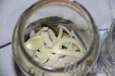 Лук и морковку очистить. Нарезать лук полукольцами. Выложить небольшой слой нарезанного репчатого лука на дно каждой банки.