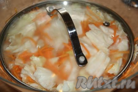 Тарелкой (или крышкой) накрыть миску с капустой, залитой горячим маринадом, дать полностью остыть, а затем поставить на 1 сутки в холодильник.