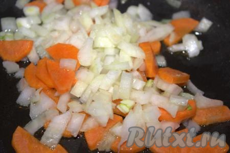 Разогреть растительное масло в сковороде, выложить морковь и обжарить на среднем огне в течение 2-3 минут, помешивая. Затем в сковороду к моркови добавить лук. Обжарить овощи на среднем огне 5-7 минут, не забывая помешивать.