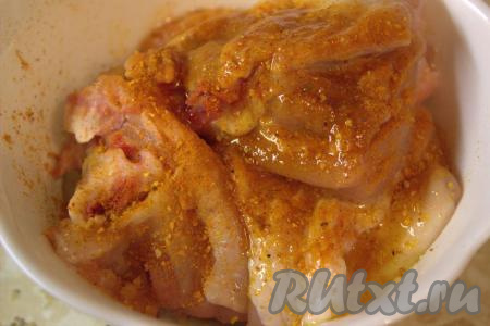Кусочки курочки посолить, приправить по вкусу (я использовала универсальную приправу для курицы), тщательно перемешать и оставить "отдохнуть" на 20 минут при комнатной температуре.