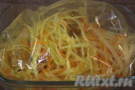В рукав для запекания поверх капусты с морковью выложить обжаренные кусочки курицы и полить маслом из сковороды, в котором обжаривалось мясо. Рукав хорошо завязать с двух сторон и переложить на противень (или в жаропрочную форму), отправить в духовку, заранее разогретую до 200 градусов, минут на 35-40.