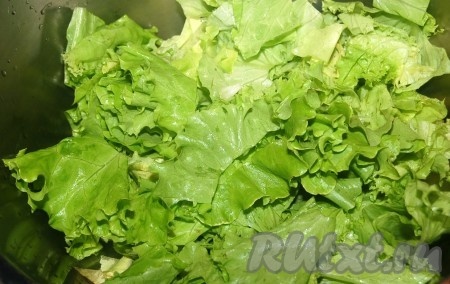 Листовой салат помыть, обсушить и нарвать крупными кусками.