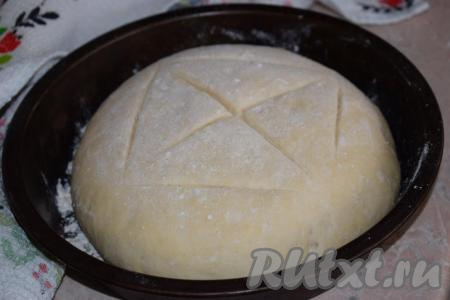 Присыпаем верхушку теста мукой и делаем надрезы, для того чтобы хлеб не разорвался в процессе выпечки в духовке.