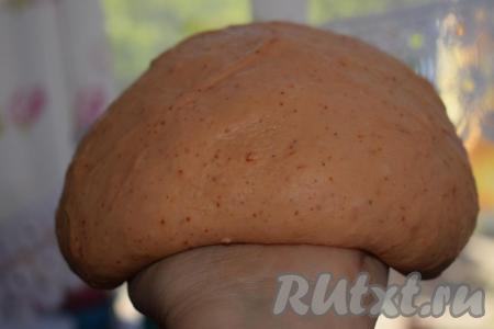 Вымешиваем тесто около 8-10 минут, пока оно не перестанет липнуть к рукам. Во время замеса можно смазать руки растительным маслом (или слегка подпылять тесто мукой). Тесто получается по консистенции очень нежным, оно неохотно держит форму и, если взять его в руки, то будет как бы медленно стекать.
