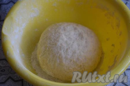 Затем продолжаем замешивать тесто руками, вымешиваем его в течение 7-8 минут (до того момента, пока оно не станет гладким и упругим, перестанет липнуть к рукам). Оставляем тесто на расстойку в тёплом месте на 1 час, накрыв миску плёнкой.