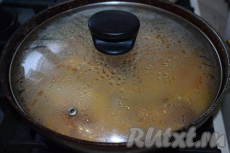 Накрываем сковороду крышкой, уменьшаем огонь до самого минимума и тушим гедлибже, примерно, 35-40 минут. Если вы используете домашнюю курицу, то времени может понадобиться больше.