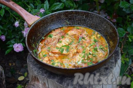 Подаём гедлибже с любым гарниром на ваш вкус, выкладывая куски тушёной курицы на гарнир и обильно поливая сметанным соусом.