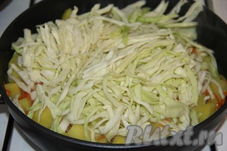 Капусту нашинковать тонкими полосками и добавить в сковороду, тщательно перемешать. Влить 50 мл воды, дать закипеть и тушить картошку с капустой на небольшом огне 10 минут под крышкой.
