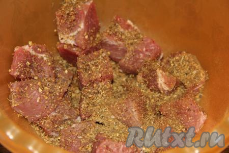 Посолить кусочки свинины по вкусу, добавить любимые приправы для шашлыка и хорошо перемешать. Оставить свинину на пару часов промариноваться.