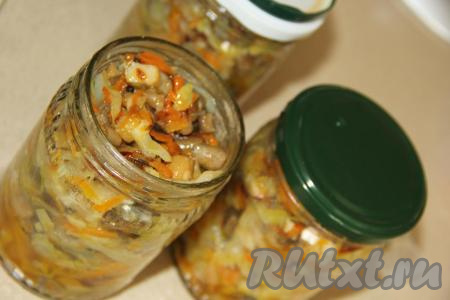 Пока тушится солянка, простерилизовать банки (я это делаю на пару), а крышки прокипятить в течение трёх минут в воде. Разложить горячую грибную солянку с капустой по простерилизованным банкам, полностью заполняя баночки.