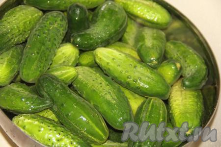 Огурчики залить холодной водой и оставить, примерно, на 5-7 часов.