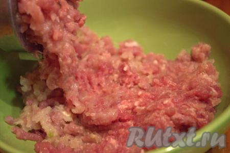 Для получения фарша свинину хорошо вымыть и, нарезав на кусочки, вместе с очищенной луковицей перекрутить на мясорубке.