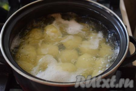 Картофель, очищенный от кожуры, отварим в подсоленной воде до готовности (на это потребуется минут 30 с момента закипания воды). Далее сольём воду с картофеля и разомнём его толкушкой до однородности. Добавим к пюре сливочное масло и специи по вкусу.
