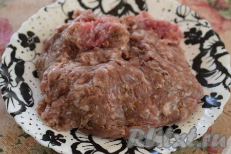 Приготовим фарш, для этого мясо (можно использовать свинину, говядину, курицу или индейку) и очищенную луковицу прокрутим на мясорубке. Затем посолим, поперчим и перемешаем фарш.