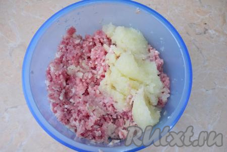 Для приготовления мясного фарша свинину нарежьте на кусочки и пропустите через мясорубку вместе с очищенной луковицей, соедините в чаше.