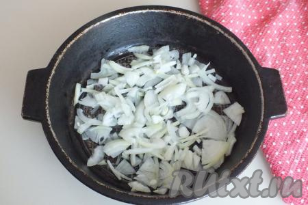 В глубокой сковороде (или жаровне) разогрейте растительное масло и выложите очищенный и нарезанный четверть кольцами лук. Обжаривайте, помешивая, на среднем огне до золотистости (на это потребуется минут 5).