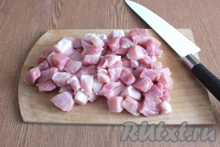 Приготовление солянки начните с подготовки мяса. Вымойте свинину, обрежьте, если есть, жилки и плёночки, затем нарежьте на квадратные кусочки со стороной, примерно, 2 см.