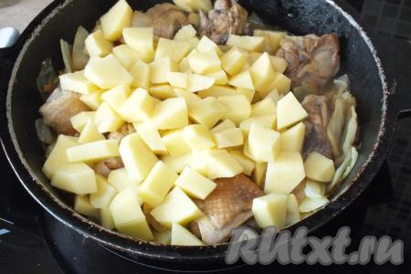 Через указанное время добавьте картофель. Подсолите по вкусу, перемешайте. Влейте ещё 100 мл воды, увеличьте огонь и дайте закипеть. После закипания воды, уменьшите огонь и тушите рагу из курицы с капустой и картошкой ещё 15 минут.