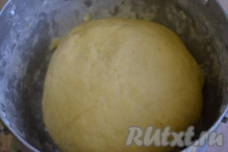 Далее добавляем оставшуюся муку и снова вбиваем яйцо. Замешиваем тесто руками, оно уже не будет таким горячим. По консистенции тесто получается мягким, эластичным, оно совершенно не липнет к рукам. Накрываем миску с заварным тестом плёнкой и даём ему полежать 30 минут при комнатной температуре.