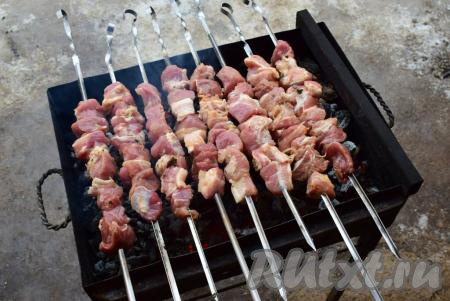 Замаринованное мясо для шашлыка нанизывайте на шампуры. Шашлык жарить следует на седых углях, без прямого огня. Жар должен быть хорошим. Шашлык готовим, периодически переворачивая шампуры, стараясь равномерно прожарить мясо со всех сторон. Готовность лучше всего определять, надрезав ножом кусочек мяса и посмотрев на надрез - он должен быть без розовых вкраплений.