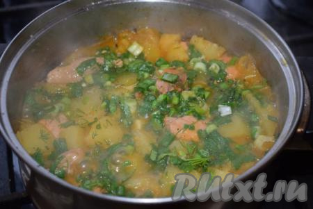 Когда картофель будет готов, добавляем в кастрюлю чеснок, пропущенный через пресс, и измельчённую зелень. Протушиваем ещё пару минут и выключаем огонь. Наша ароматная и сытная картошка с нежнейшей курицей готовы.