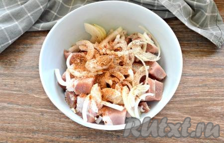 Свинину с луком посолить, поперчить по вкусу, всыпать приправу для приготовления шашлыка.