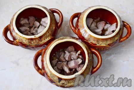 Обжаренное мясо разложите в керамические горшочки для запекания. Дополнительно смазывать горшочки ничем не надо. Немного подсолите мясо и добавьте специи.