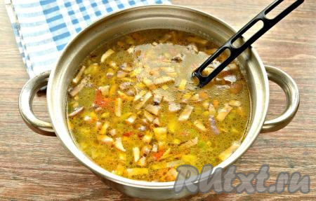 Когда бульон с картошкой и капустой проварится минут 10-15, выложить в кастрюлю лавровый лист и шампиньоны с обжаренными овощами, дать закипеть, а затем варить дальше на небольшом огне 10 минут, если нужно, подсолить.